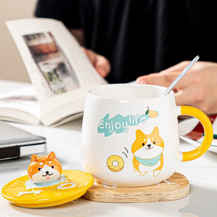 Cute Corgi Dog Ceramic Mug With Lid