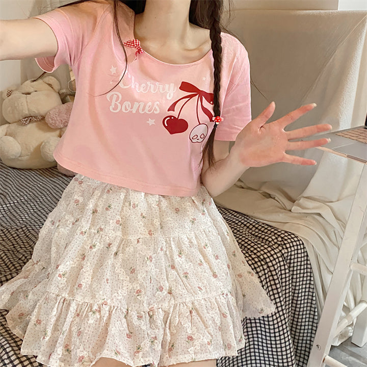 Sweet Cherry Print Cotton Short T-shirt