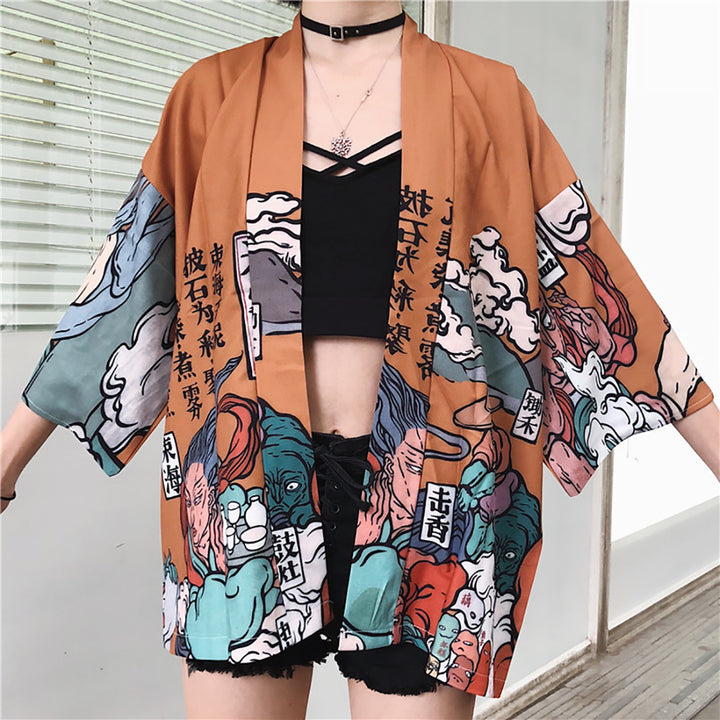 Cartoon Print Casual Japanese Kimono