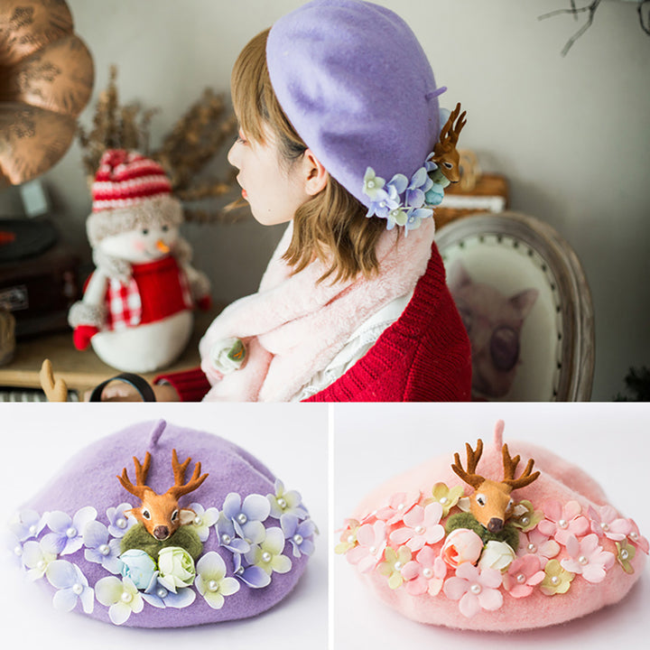 Flowers Deer Beret Hat