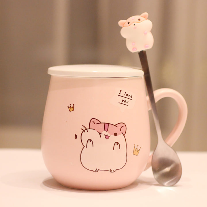 Pastel Pink Hamster Mug with Lid and Spoon