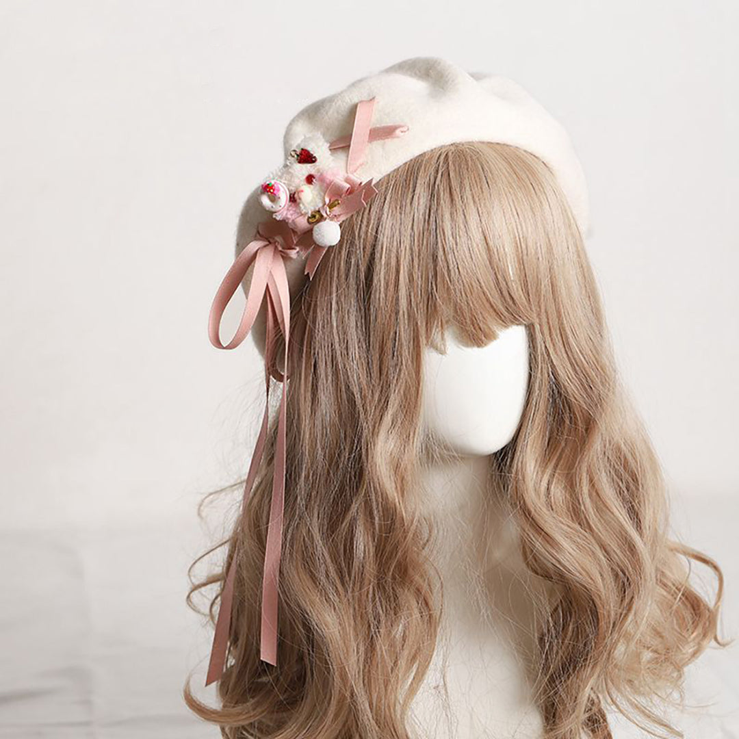 Sweet Retro Bear Ribbon Beret Hat