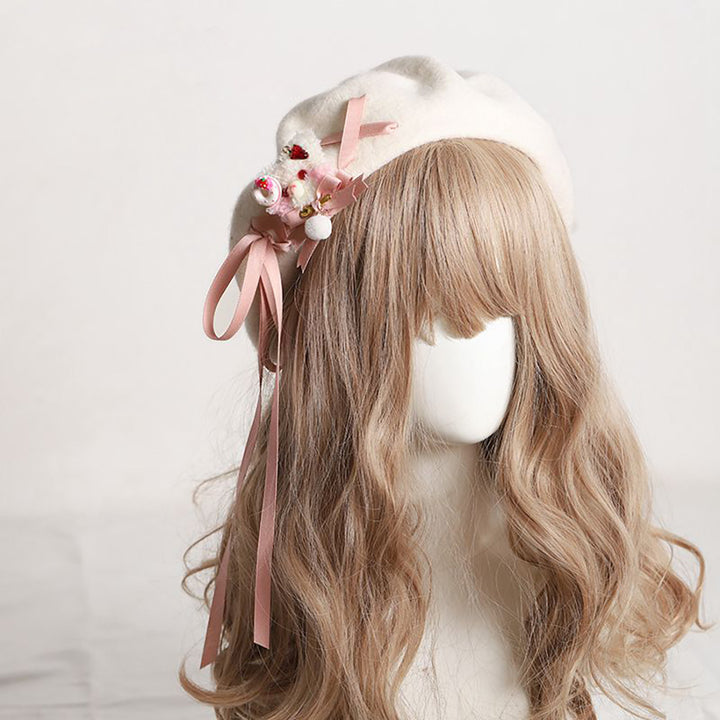 Sweet Retro Bear Ribbon Beret Hat