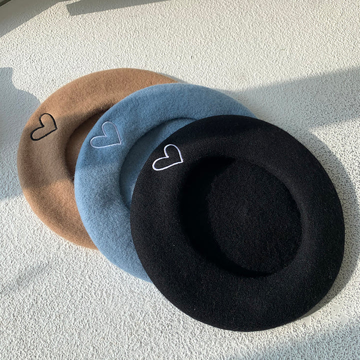 Front Heart Embroidered Beret Hat
