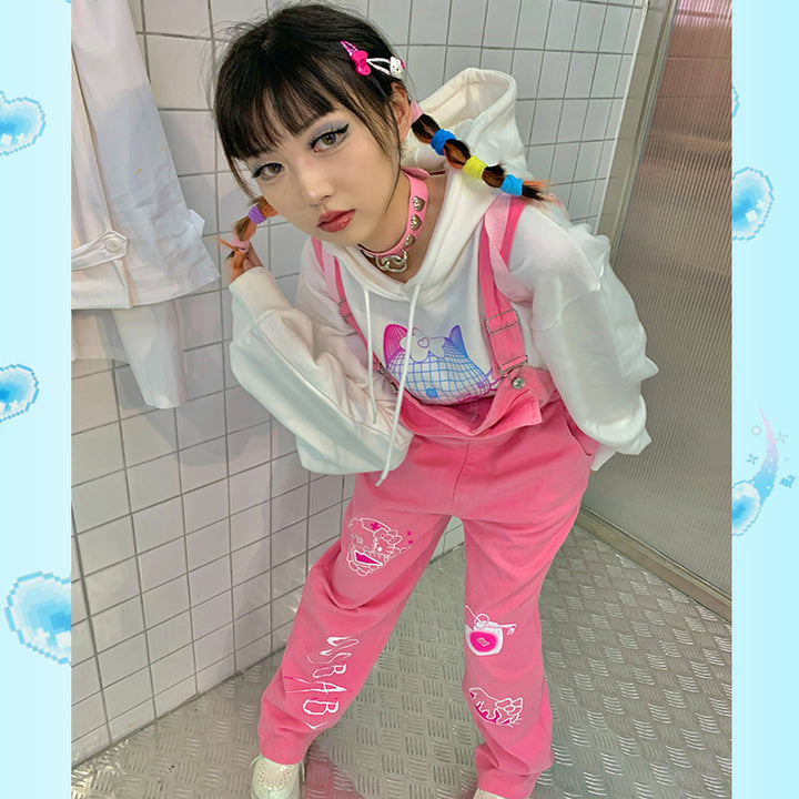 Retro Punk Kitty Print Oversize Overalls