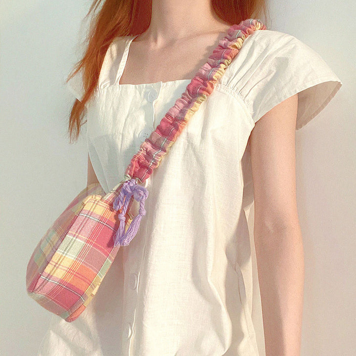 Lavender Daisy and Checkered Print Shoulder Bag