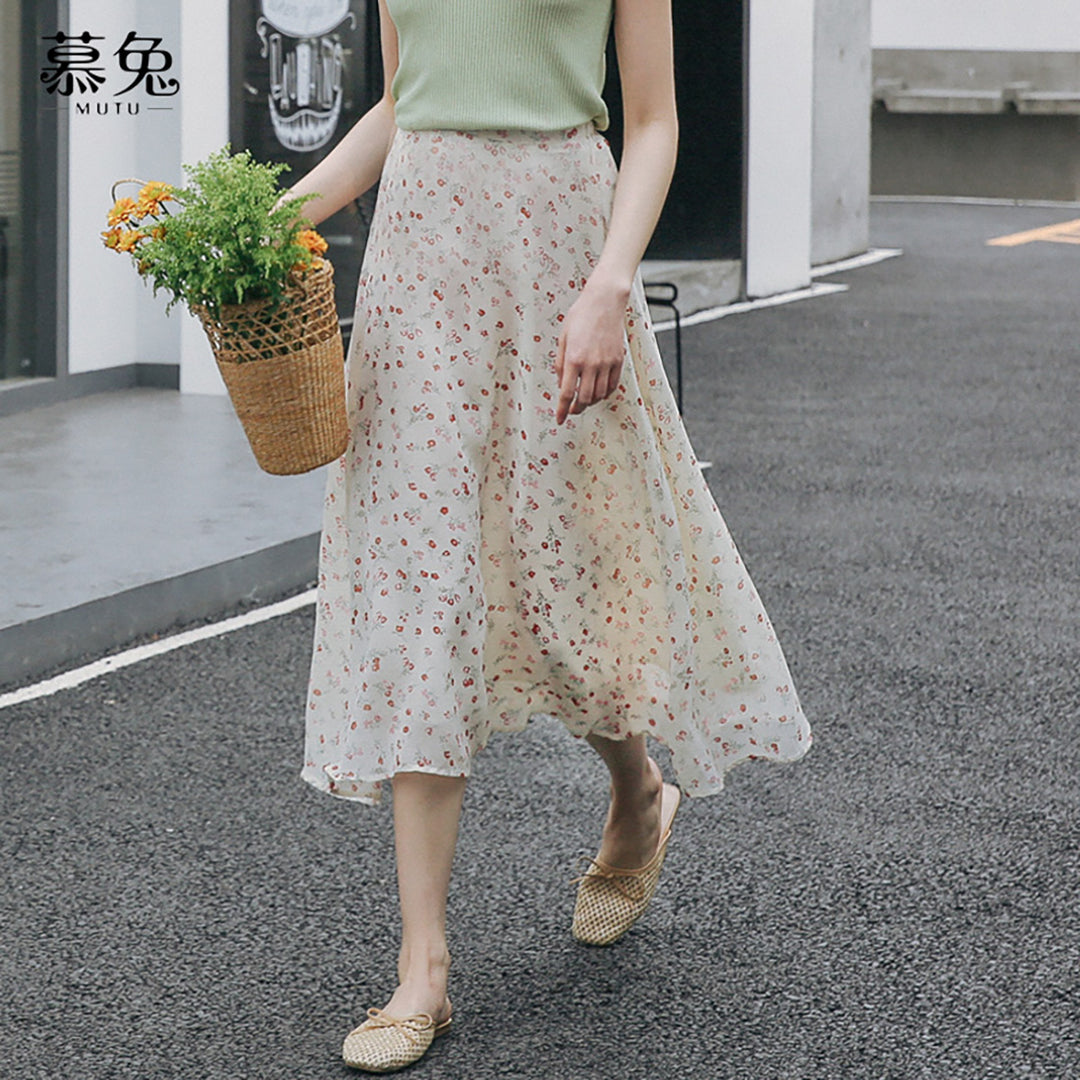 Floral Print Chiffon High Waist Skirt