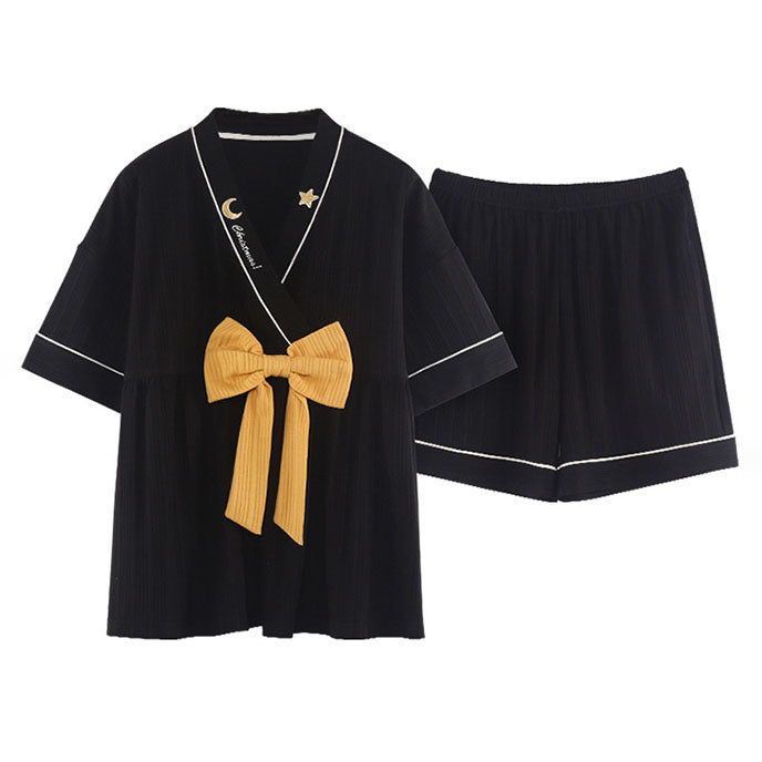 Cartoon Print Bow Knot V-neck Cotton Summer Pajamas Set