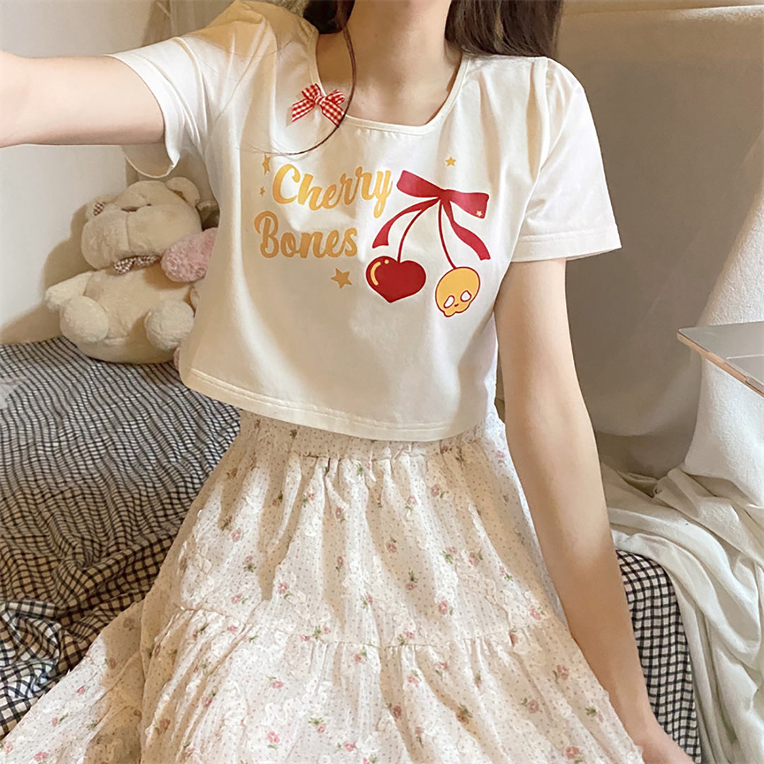 Sweet Cherry Print Cotton Short T-shirt