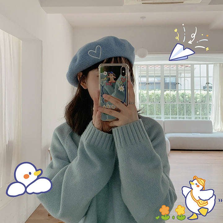 Front Heart Embroidered Beret Hat