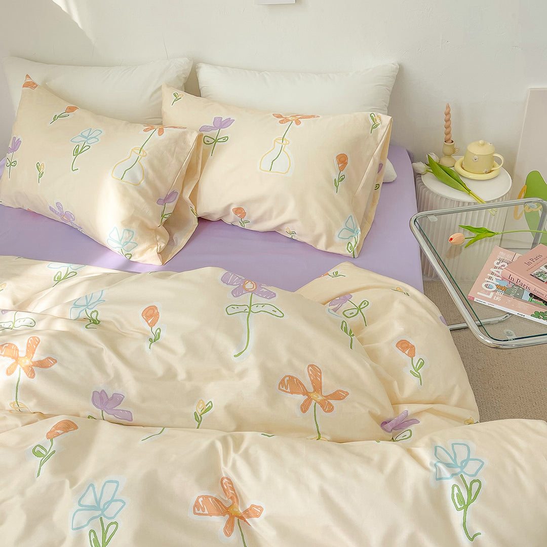 Cartoon Flowers Print Cotton Bedding Set