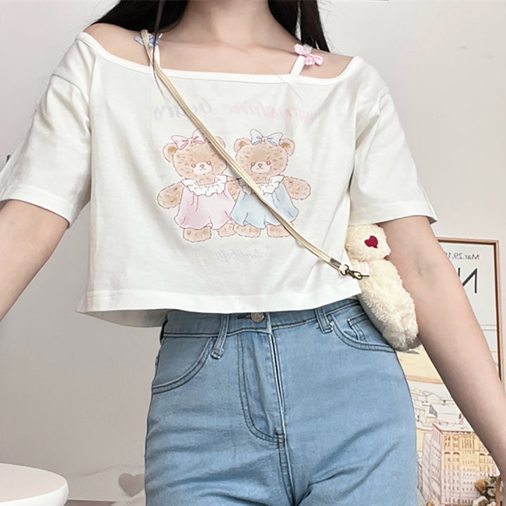 Cartoon Bear Print Off the Shoulder Short T-shirt