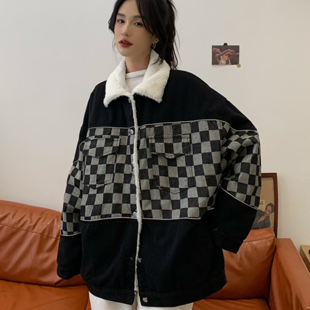 Gothic Black Checkered Button Up Loose Coat