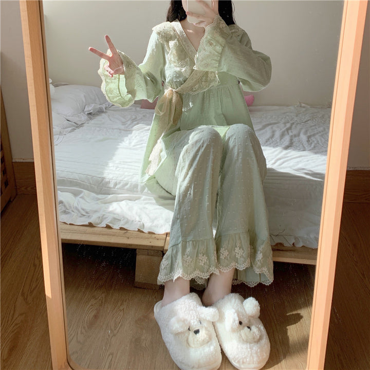 Sweet Lace V-neck Home Cotton Pajamas Set