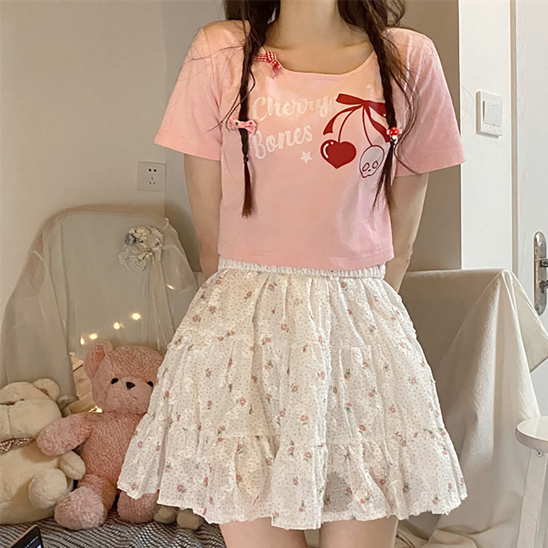 Sweet Cherry Print Cotton Short T-shirt