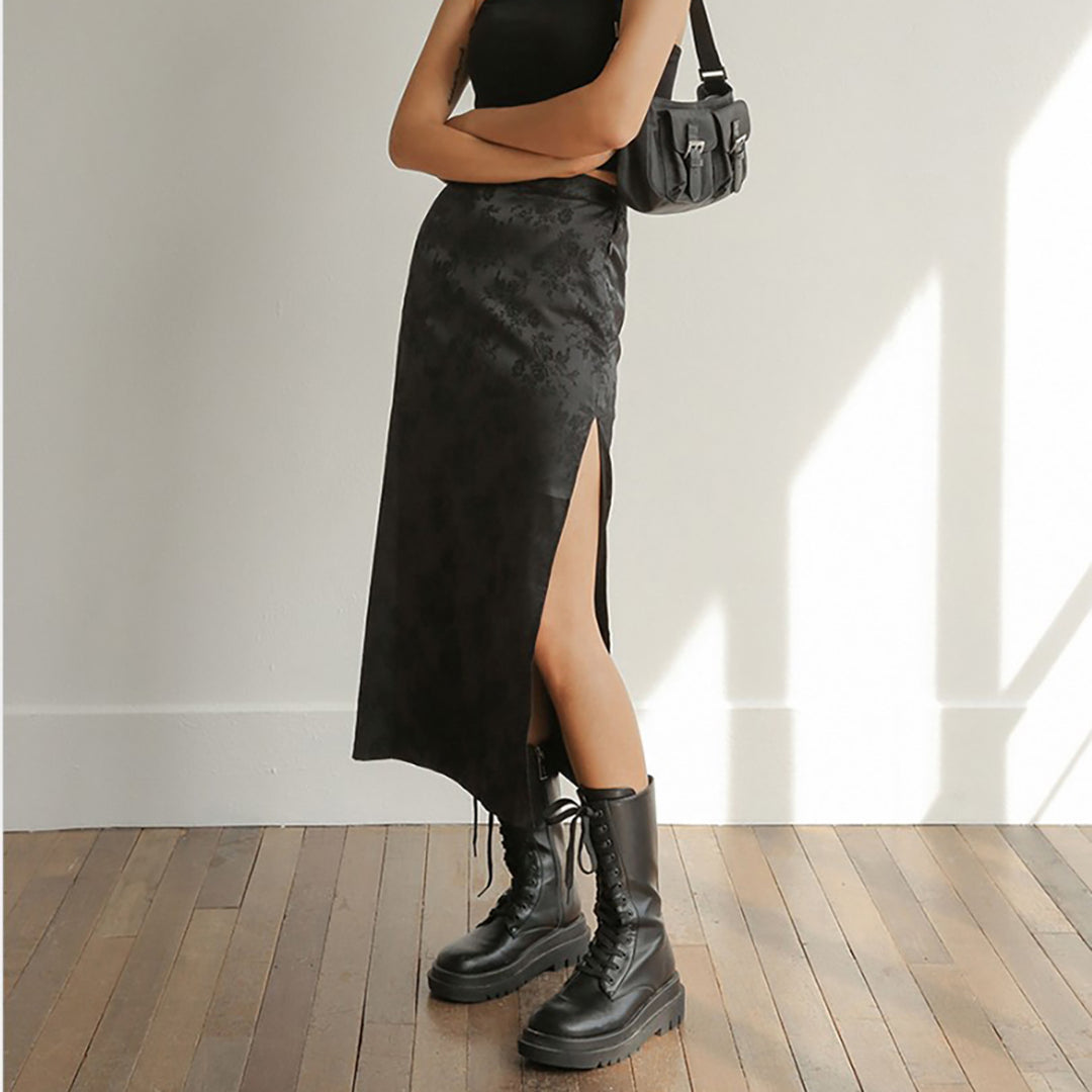 Classic Black Flower High Slit Maxi Skirt