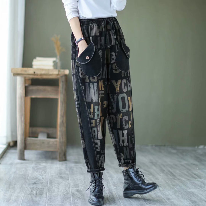 Letter Printed Faded Elasticity Waist Jeans