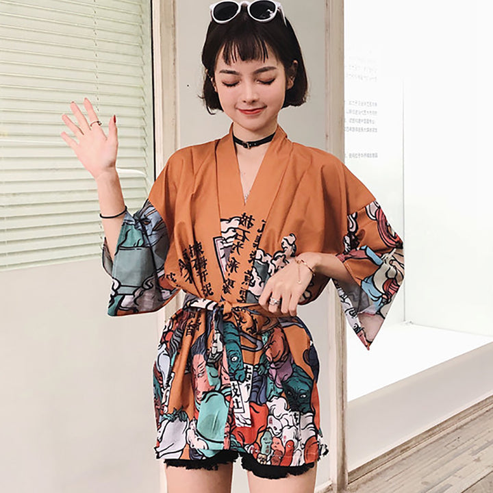 Cartoon Print Casual Japanese Kimono
