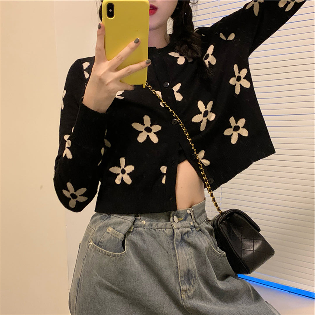 Korean Vintage Floral Print Cardigan