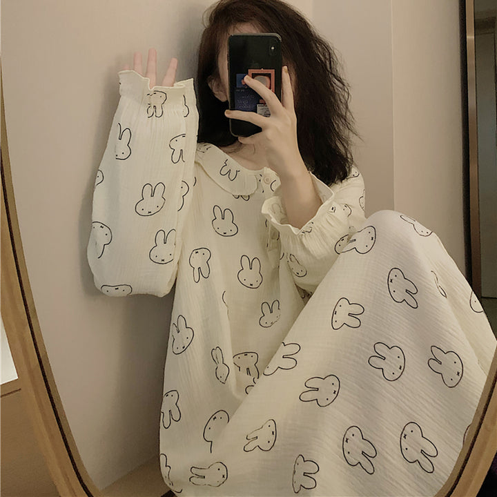 Lovely Rabbit Print Comfy Cotton Long Pajamas Dress