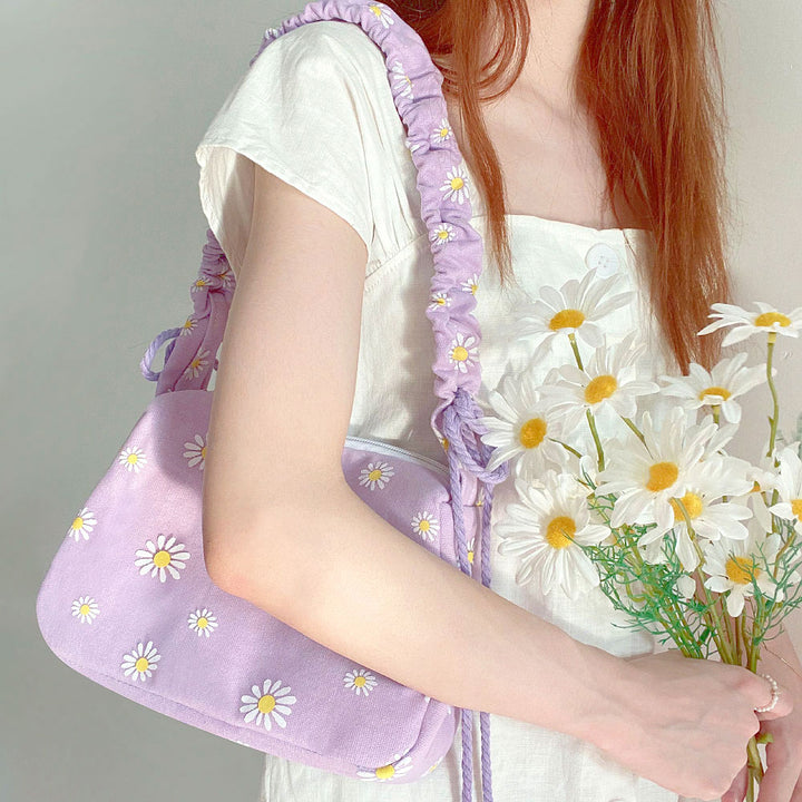 Lavender Daisy and Checkered Print Shoulder Bag