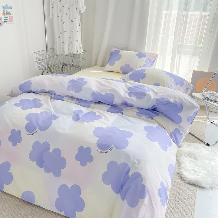 Purple Flower Print Cotton Bedding Set