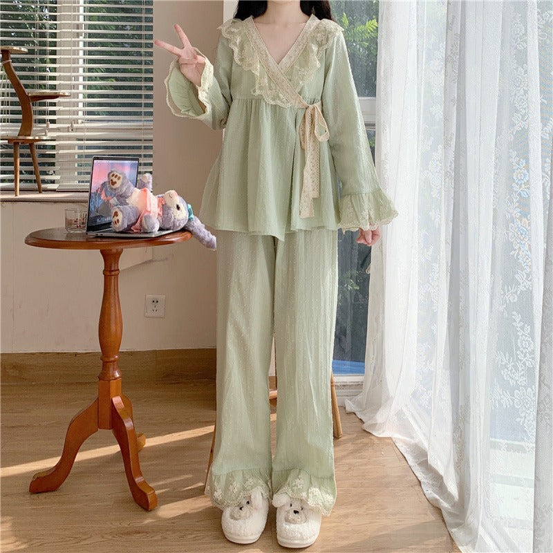 Sweet Lace V-neck Home Cotton Pajamas Set
