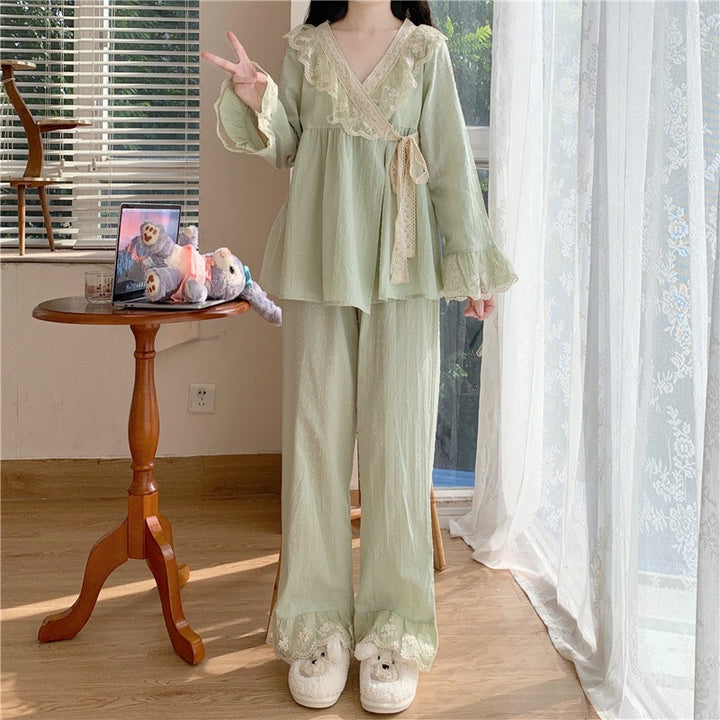 Sweet Lace V-neck Home Cotton Pajamas Set