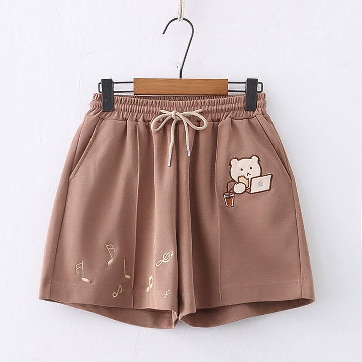 Cartoon Bear Embroidery Pocket Shorts
