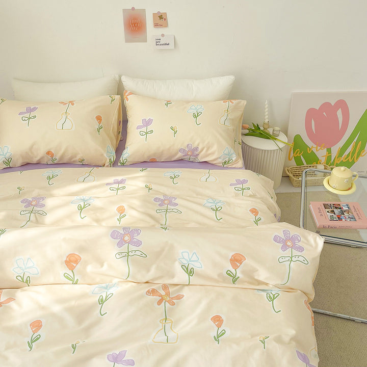 Cartoon Flowers Print Cotton Bedding Set