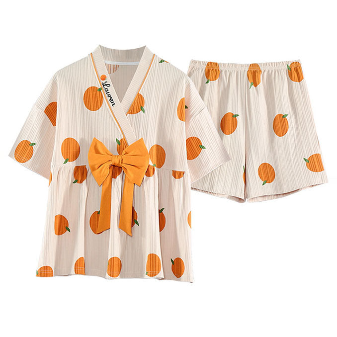 Cartoon Print Bow Knot V-neck Cotton Summer Pajamas Set