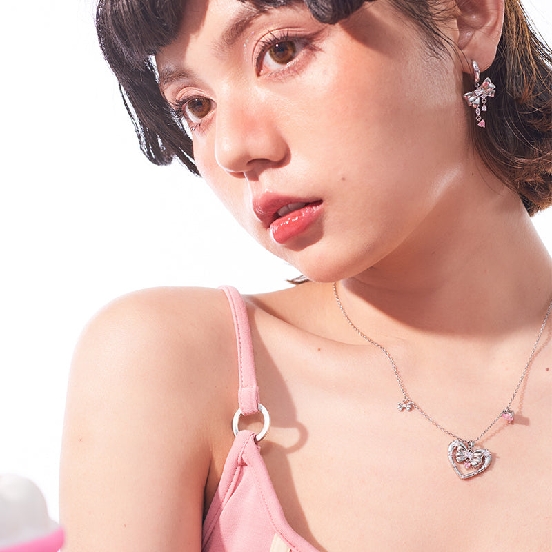 Pink Crystal Bow Silver Necklace- peony