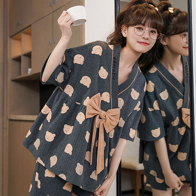 Cartoon Print Bow Knot V-neck Cotton Summer Pajamas Set