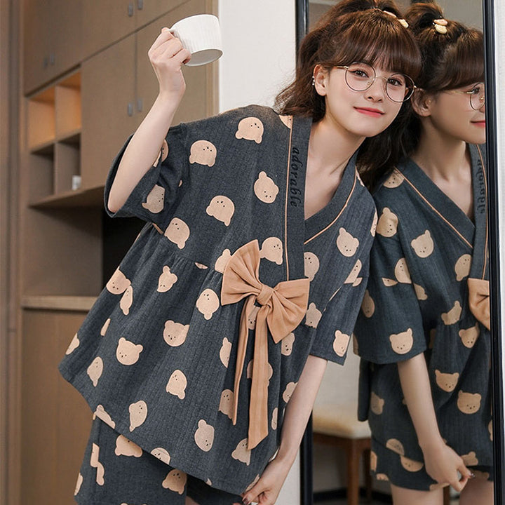 Cartoon Print Bow Knot V-neck Cotton Summer Pajamas Set