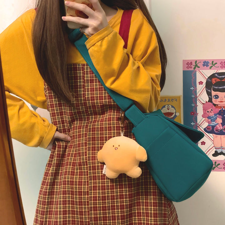 Japanese Pure Color Canvas Shoulder/Crossbody Bag with Pendant