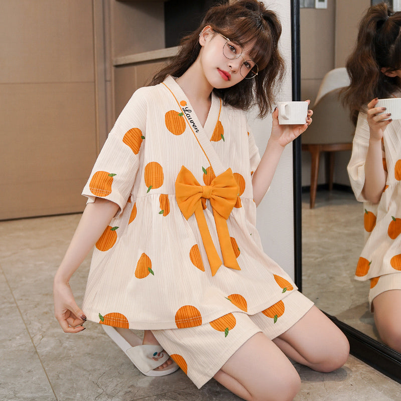 Cartoon Print Bow Knot V-neck Cotton Summer Pajamas Set