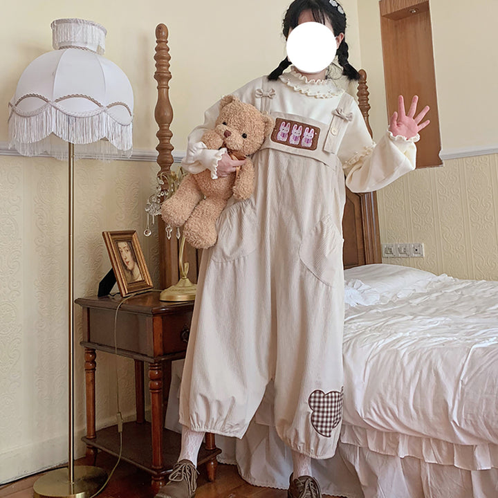 Cute Bear Design Loose Corduroy Overall