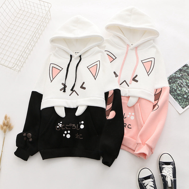 Kitty Claw Print Warm Hoodie with Pocket