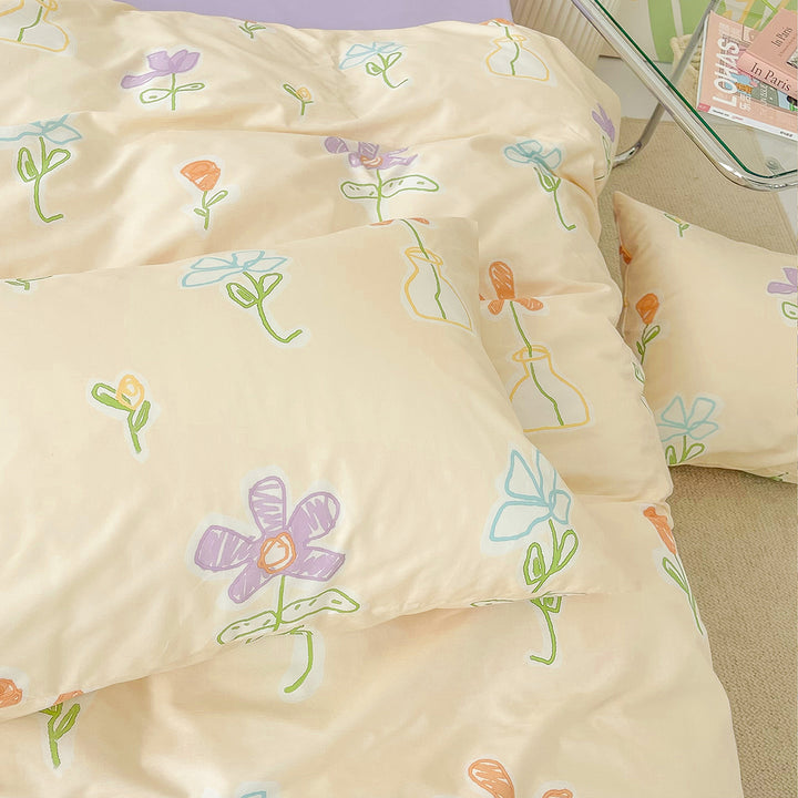 Cartoon Flowers Print Cotton Bedding Set