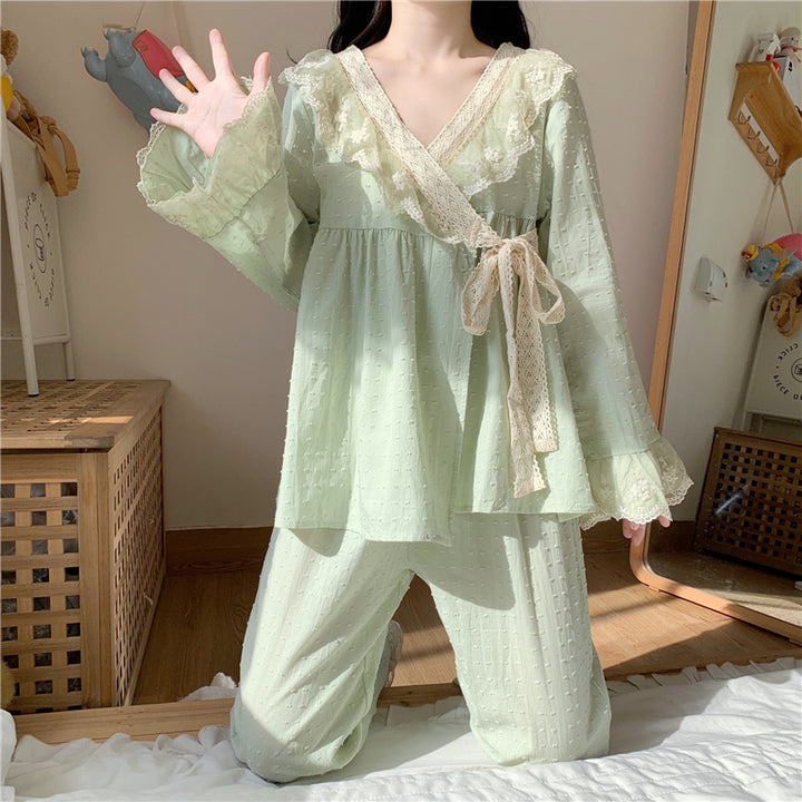 Sweet Lace V-neck Home Cotton Pajamas Set