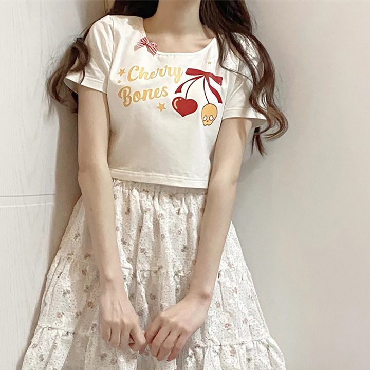 Sweet Cherry Print Cotton Short T-shirt