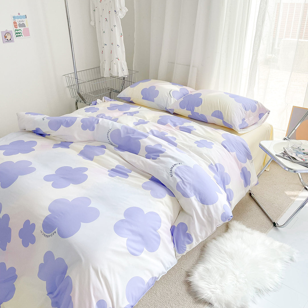 Purple Flower Print Cotton Bedding Set