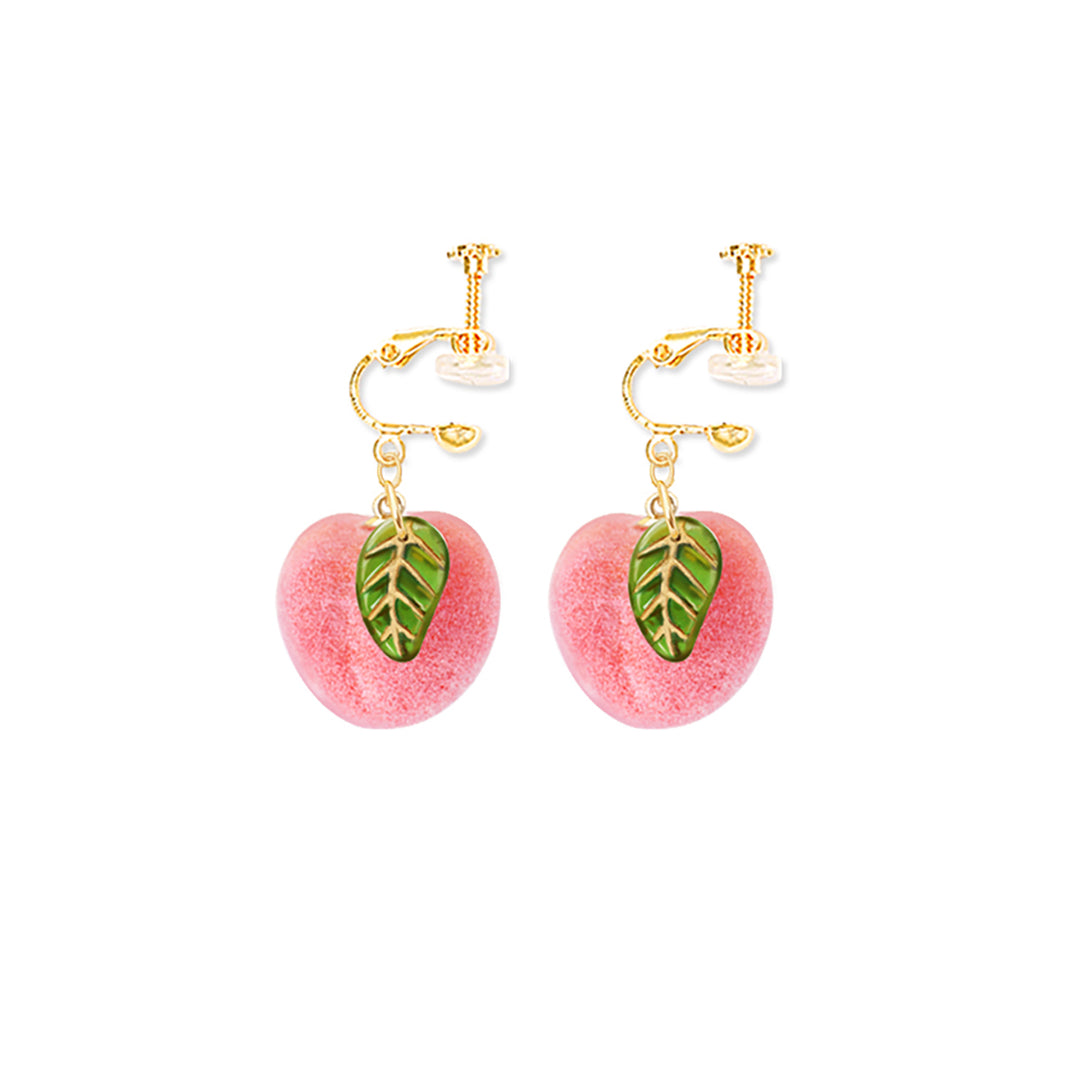 Sweet Peach Fruit Leaf Dangle Earrings