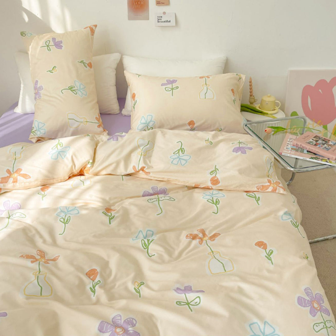 Cartoon Flowers Print Cotton Bedding Set