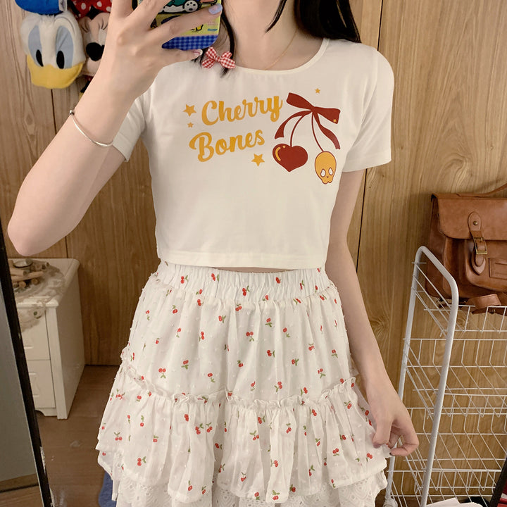 Sweet Cherry Print Cotton Short T-shirt