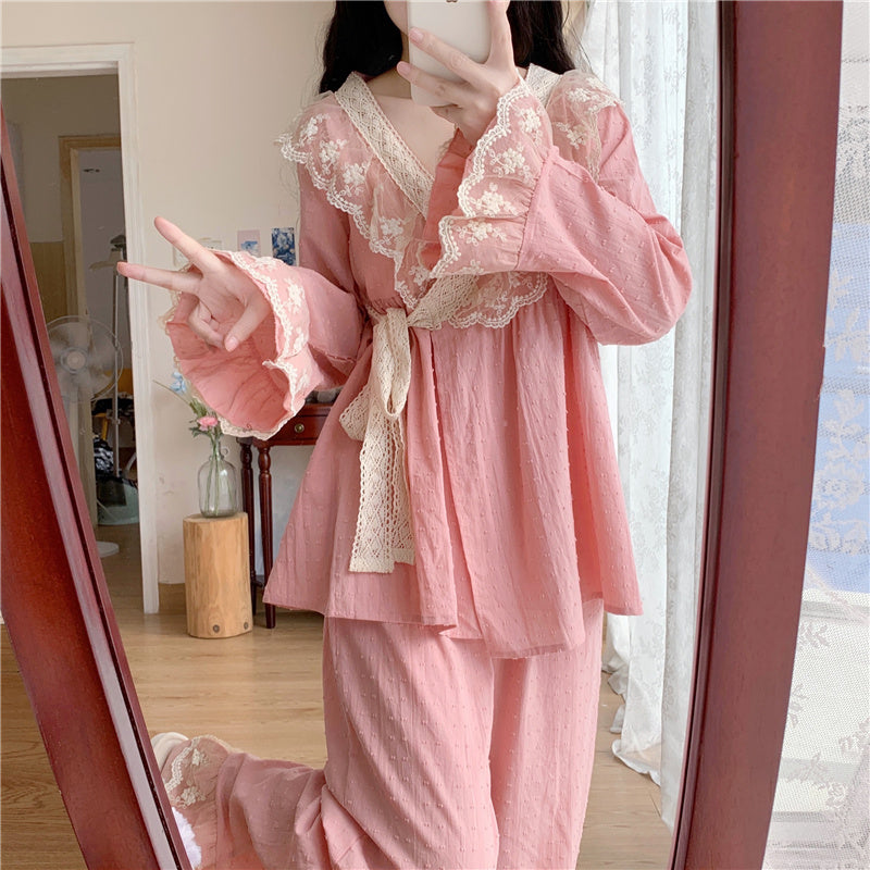 Sweet Lace V-neck Home Cotton Pajamas Set