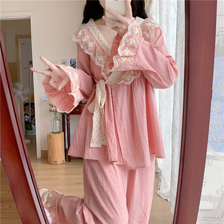Sweet Lace V-neck Home Cotton Pajamas Set