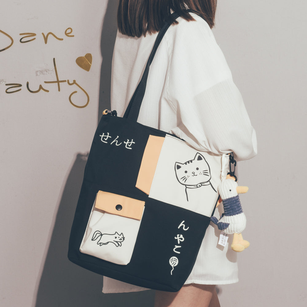 Trendy Japanese Cat Draw Tote Bag
