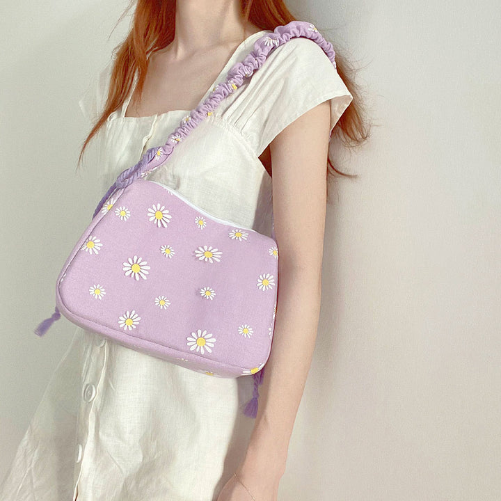 Lavender Daisy and Checkered Print Shoulder Bag