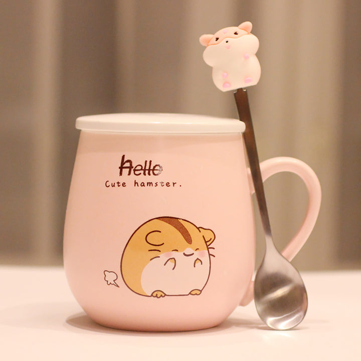 Pastel Pink Hamster Mug with Lid and Spoon